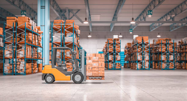 Modern racked warehouse with a forklift handling palletised inventory
